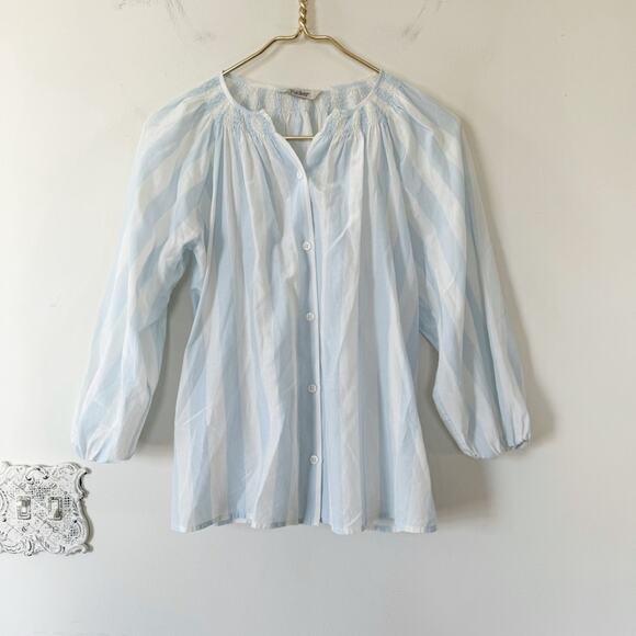 Tucker Tops - Tucker The Classic Blouse Baby Blue and White Striped Smocked Silk Shirt XS